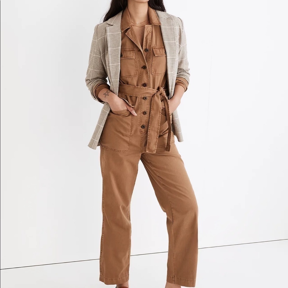 Madewell long sleeve jumpsuit Kraft brown tie waist fatigue
